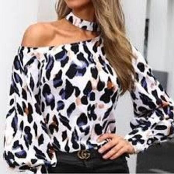 Shein Womens Tops Off Shoulder Tops Leopard Balloon Sleeves Black Cream Large - Picture 1 of 4